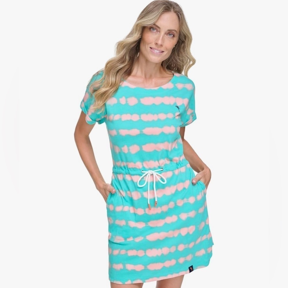 Beachy jersey cotton Dress Turquoise peach drawstring waist XL pockets Casual - Picture 2 of 15